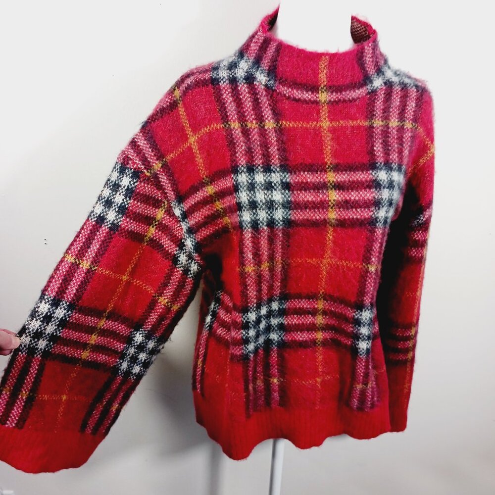NWT Mudpie, Red Jenson Plaid, Mock, Pullover Sweater, Wide Sleeve, Sz Small Cozy - Picture 6 of 16